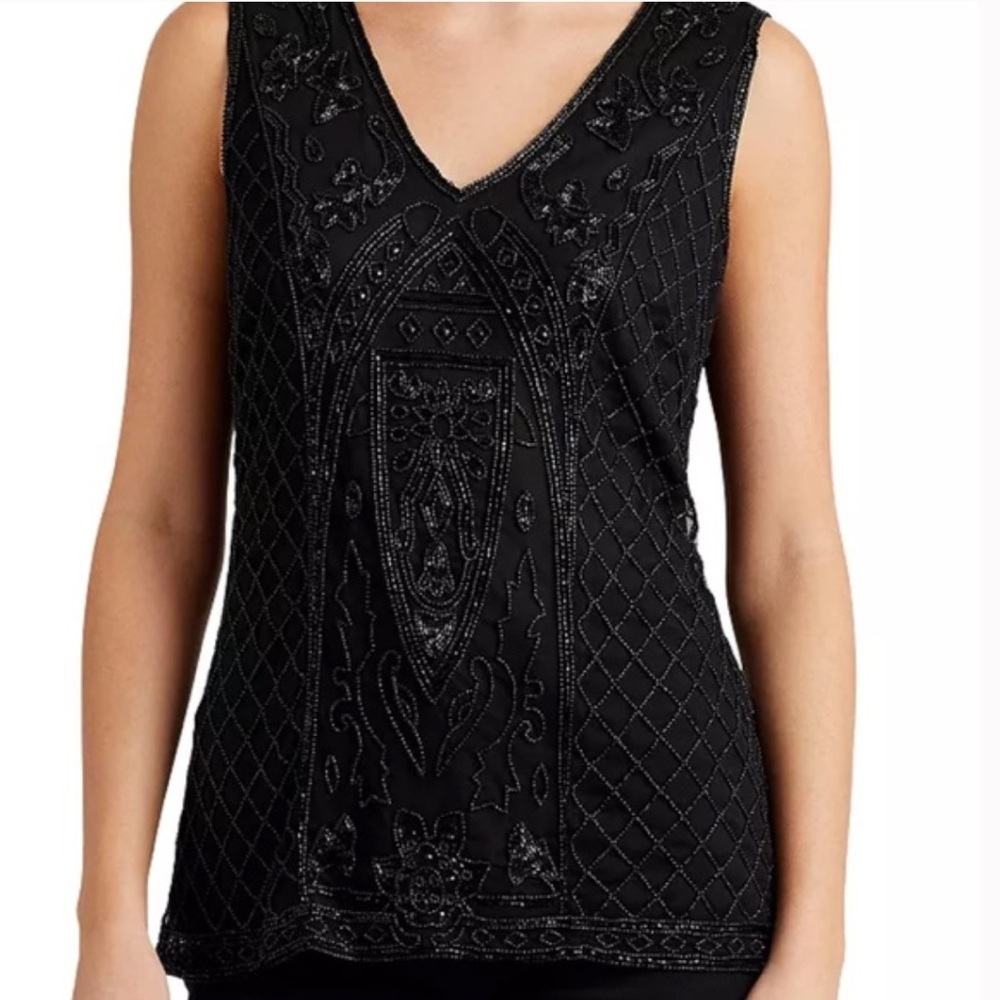 Lauren Ralph Lauren‎ Black Label Beaded Tulle Sleeveless Blouse Black 12